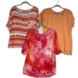Lot of 3 Chico's 2 Short Sleeve Shirts Red, Orange, & Pink‎ Tones, Women's-Large